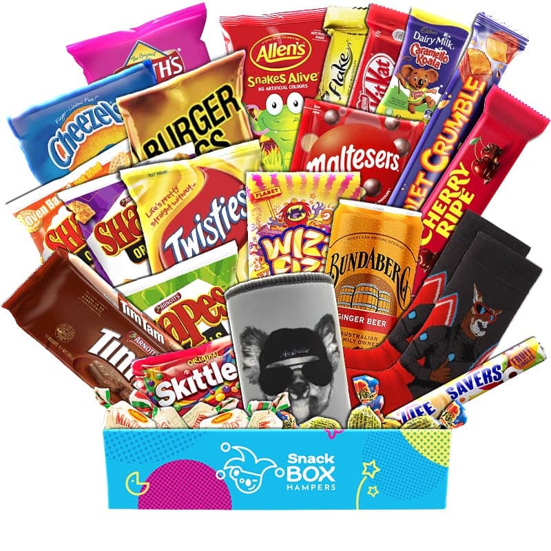 Gift Box Hampers For Him Full of Colourful Snacks and Chocolate and Chips