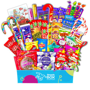 Large Christmas gift box snack hamper filled with candy canes and christmas treats