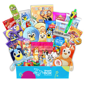A gift basket filled with Bluey merchandise and snacks