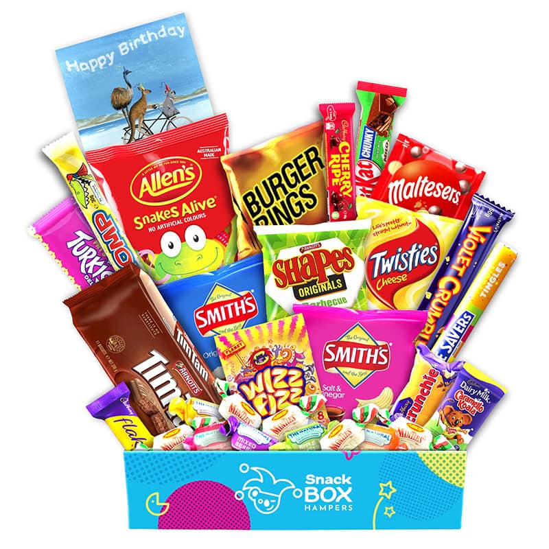 Birthday Snack Box Hamper – Choc, Chips, Celebrate