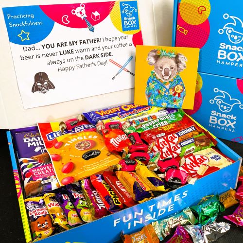 father's day gift hampers filled with chocolate, lollies and snacks in a colourful box