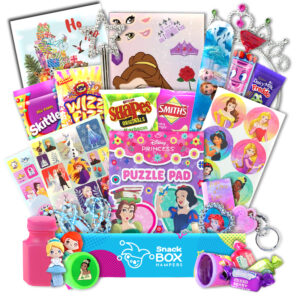 A Christmas gift hamper with Disney Princess themed items and snacks