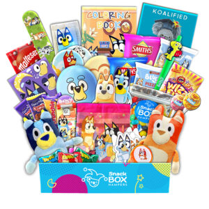 A graduation gift basket that is bluey themed and has snacks as well