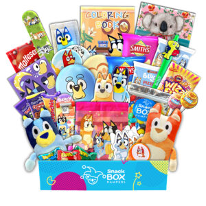 A valentine's day gift basket that is bluey themed with stacks of snacks