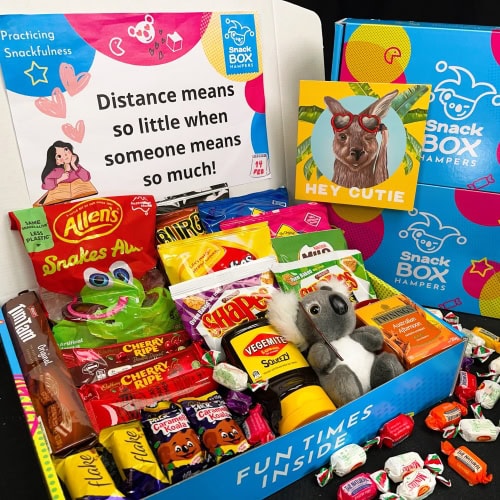 australian care package, full of australian food to help homesick Aussie expats.