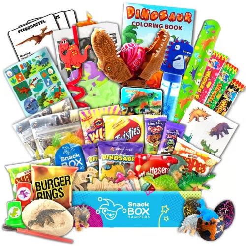 dinosaur gift hamper filled with dinosaur toys in a dinosaur box