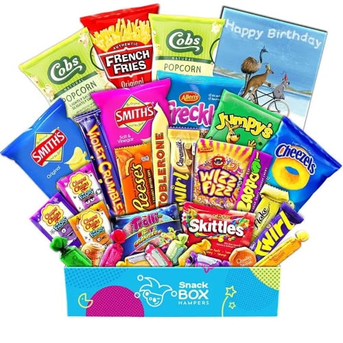 gluten free birthday hamper filled with gluten free snacks, chocolate and lollies