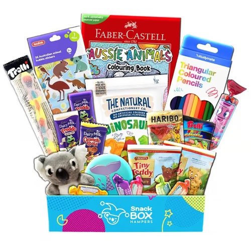 childrens gift hamper filled with coloring book and lollies in a kids box