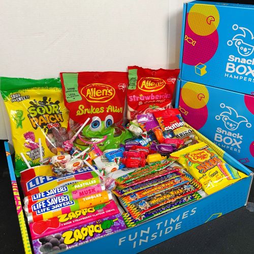 lolly gift box hampers filled with assortment of lollies in a colourful box