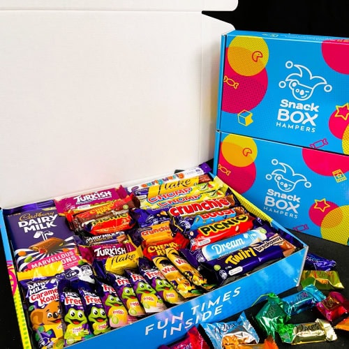 corporate gift hamper filled with bright chocolate