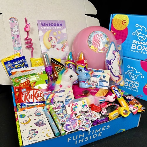 childrens unicorn hamper filled with unicorn toys