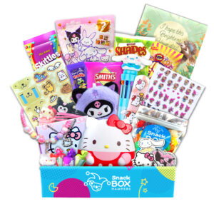 a gift hamper with hello kitty merchandise and snacks to send to someone as a get well soon gift