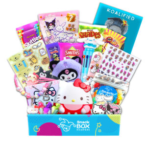 a gift hamper with hello kitty merchandise and snacks for graduation