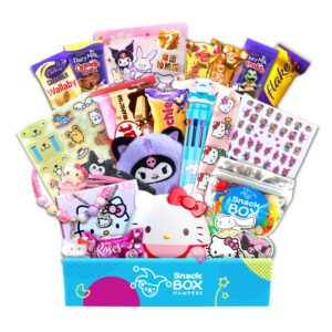 a gift hamper with hello kitty merchandise and chocoalte
