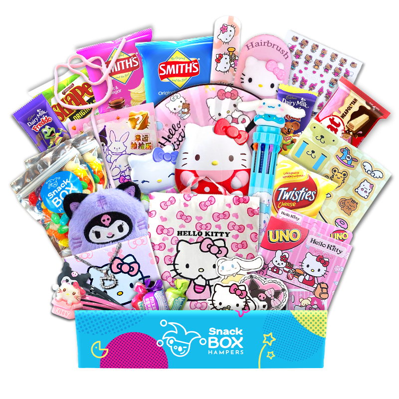 image showing gift box filled with hello kitty products and snacks
