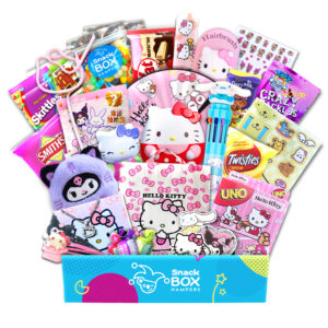 image showing gift box filled with hello kitty products and snacks