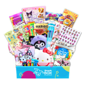 a gift hamper with hello kitty merchandise and lollies