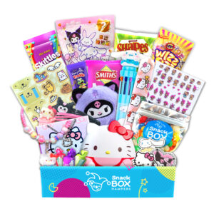 a gift hamper with hello kitty merchandise and snacks