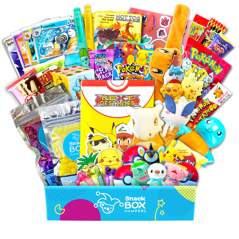 a gift box with pokemon merch and snacks