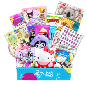 a gift hamper with hello kitty merchandise and snacks for valentines day