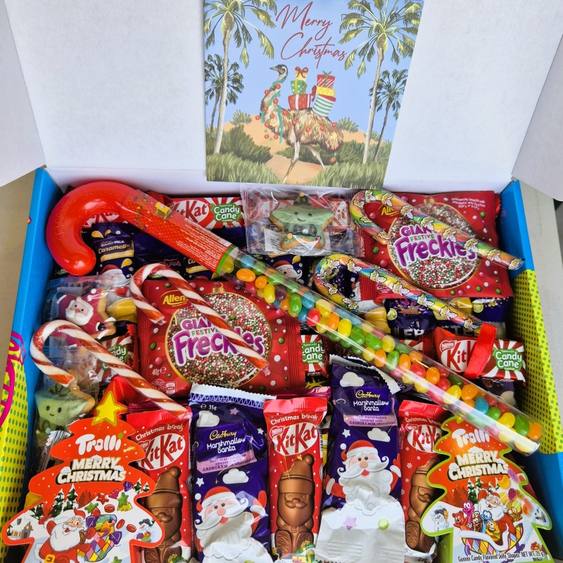 Christmas gift hamper filled with bright confectionery