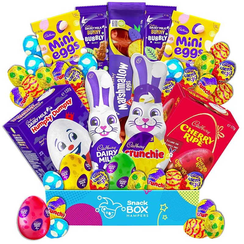 cadbury easter gift hamper filled with cadbury easter eggs and bunnies