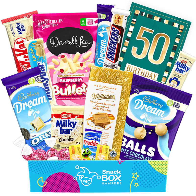 50th-birthday-white-chocolate-gift-box-hamper 50th birthday white chocolate gift box hamper