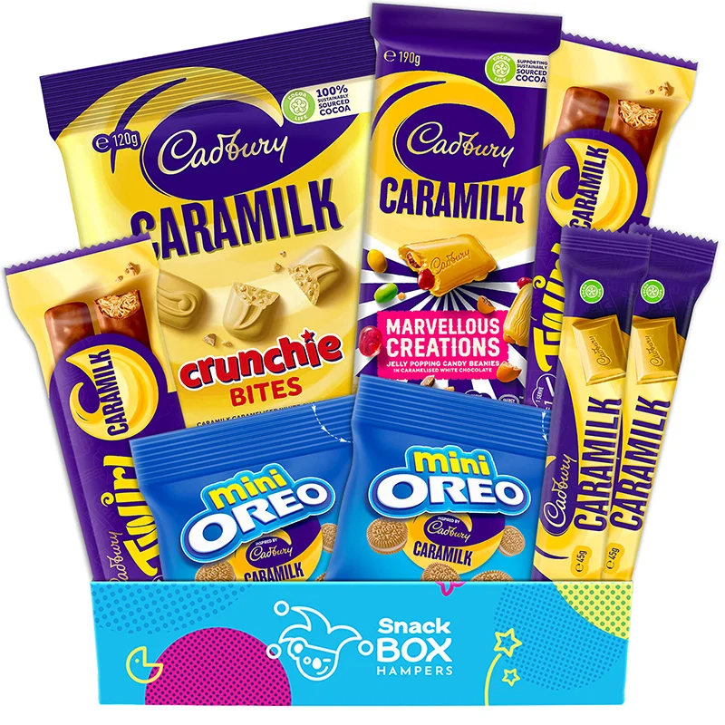 Cadbury Caramilk chocolate gift box hampers filled with a variety of caramilk chocolate