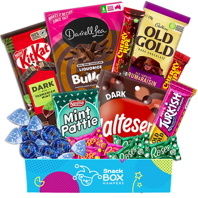 Dark chocolate gift box hampers filled with a huge range of dark chocolate flavours