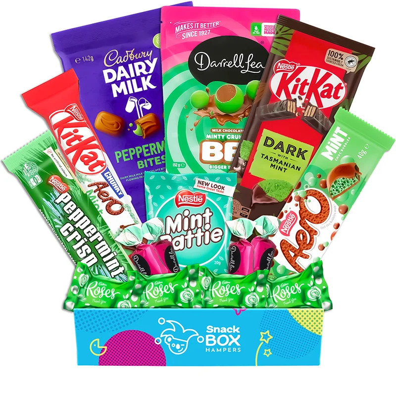 Mint chocolate gift box hampers filled with a variety of mint chocolates