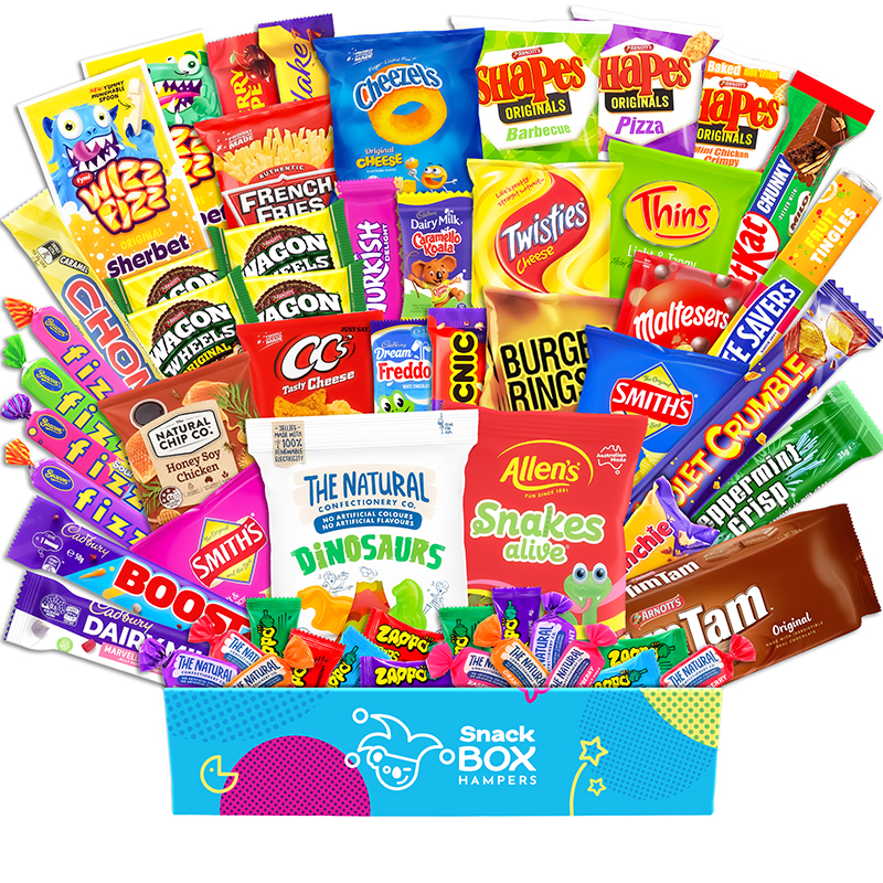 snack box gift hampers filled with snacks in a bright box