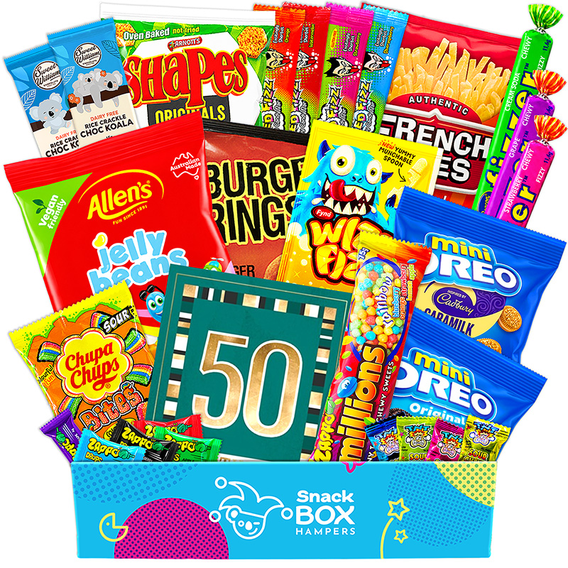 50th-birthday-vegan-snack-gift-box-hamper 50th birthday vegan snack gift box hamper